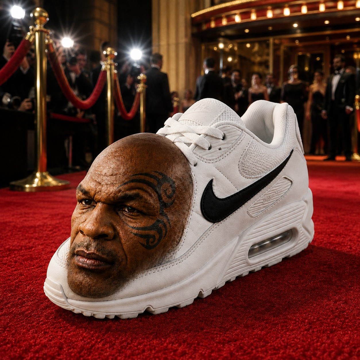 The sneaker on a red carpet surrounded by paparazzi flashbulbs and velvet ropes