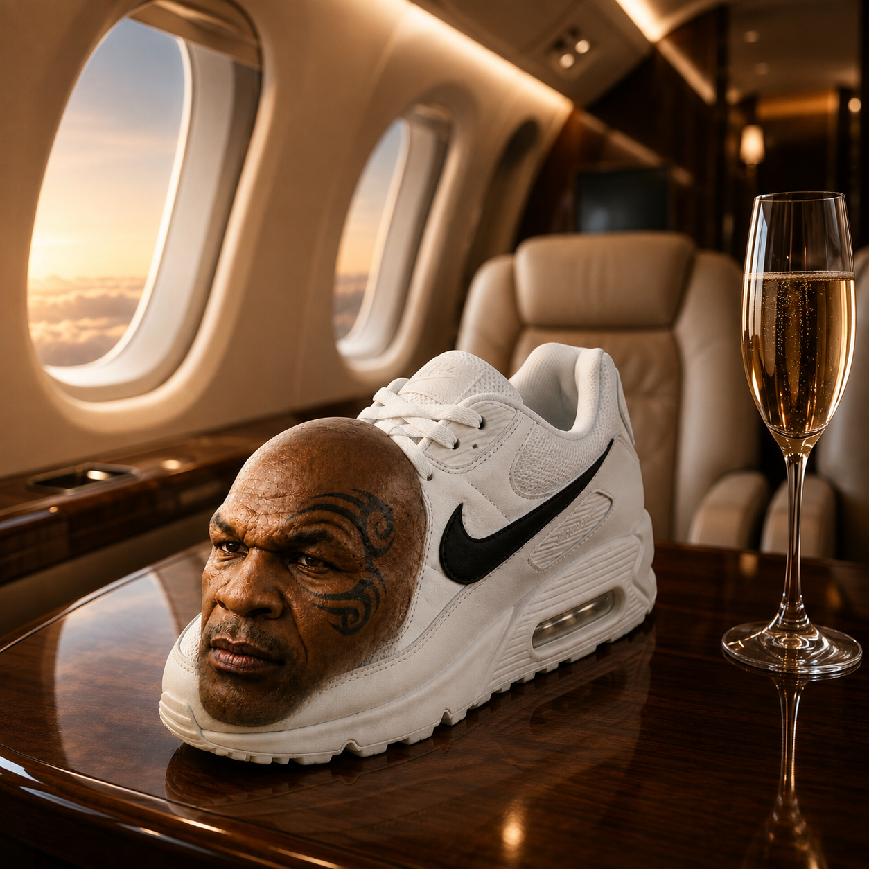 The sneaker on a polished table in a private jet beside a glass of champagne above the clouds