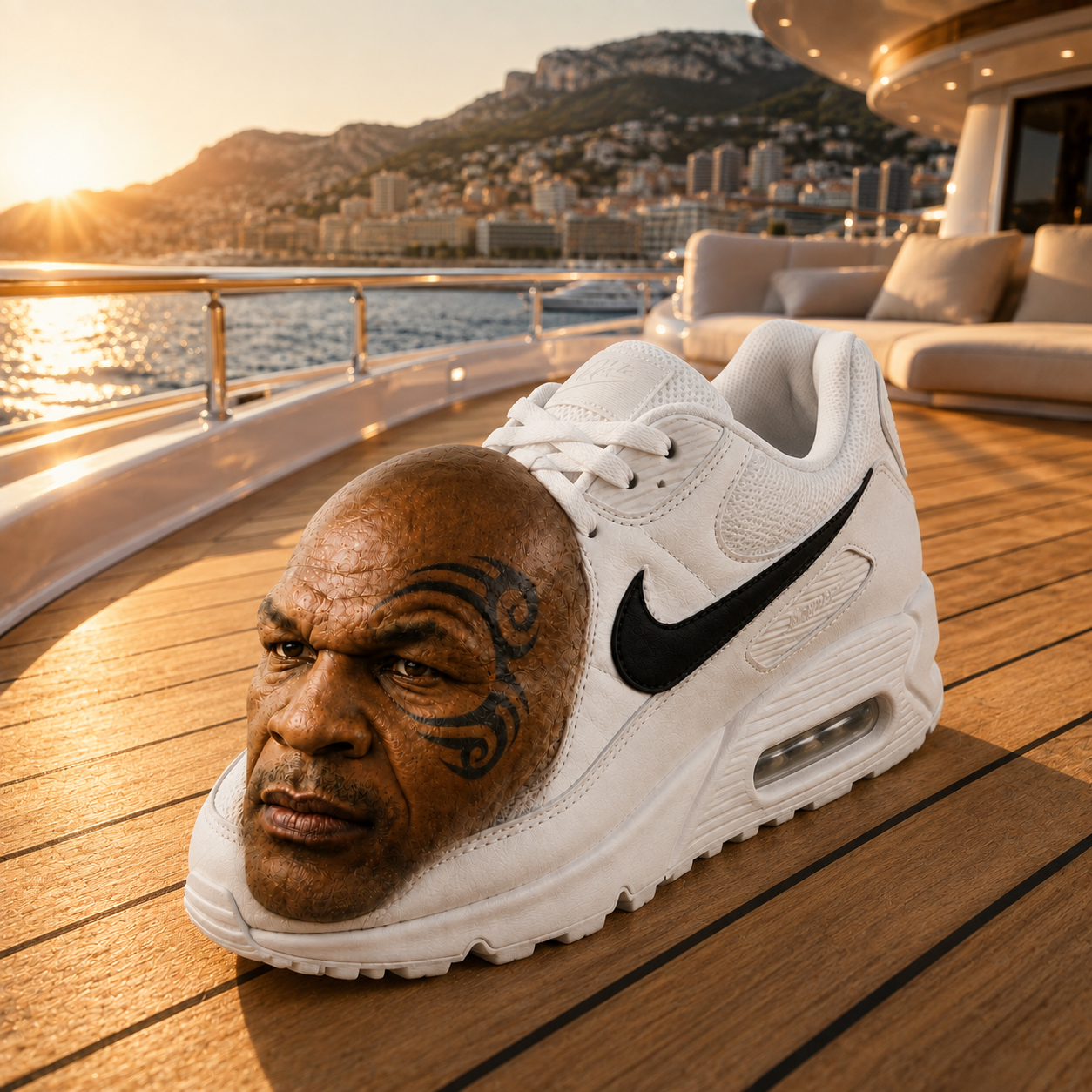 The sneaker on the teak deck of a superyacht at sunset with the Monaco coastline behind it