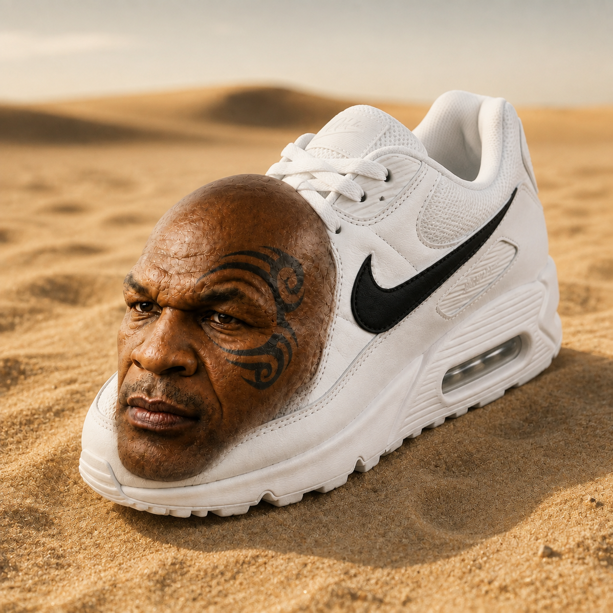 A white leather sneaker resting in desert sand, its toe box formed into a scowling tattooed boxer's head